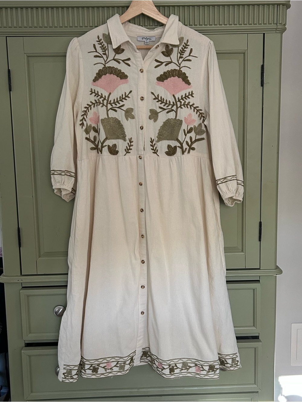 Cottagecore Polagram Cream Midi Dress with Pink & Olive Embroidery